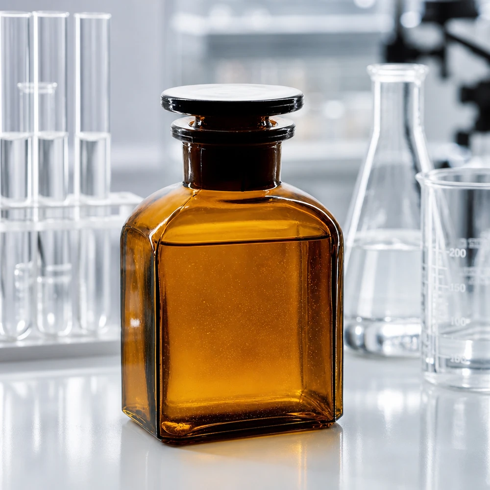 Flacon carré col large 150 ml + bouchon RIN, verre ambré Flacon carré en verre ambré de 150 ml à col large avec bouchon en verre, entre les fioles Erlenmeyer et les tubes à essai