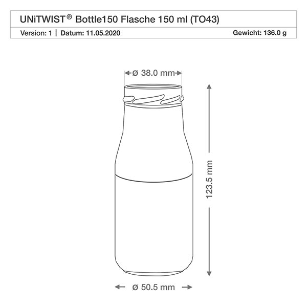 150ml Bouteille sans bouchon (TO43) UNiTWIST UNiTWIST Bottle150 Bouteille en verre 150ml TO43 avec dimensions 38mm diamètre 123,5mm hauteur dessin technique