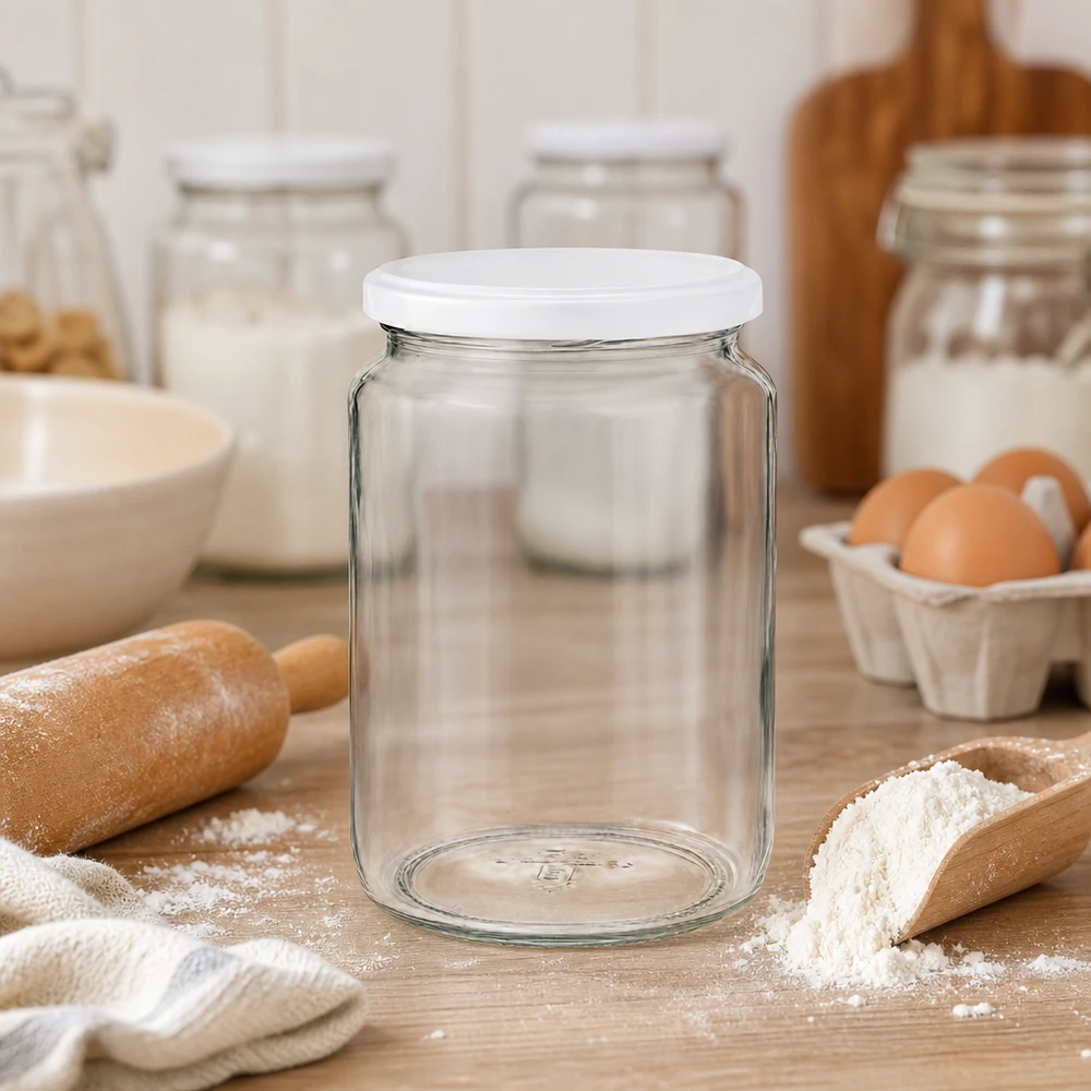 795ml Verre rond avec couvercle BasicSeal blanc UNiTWIST Pot rond de 795 ml UNiTWIST dans une scène de cuisine avec des ingrédients de pâtisserie montre une utilisation polyvalente comme pot de stockage pour la farine