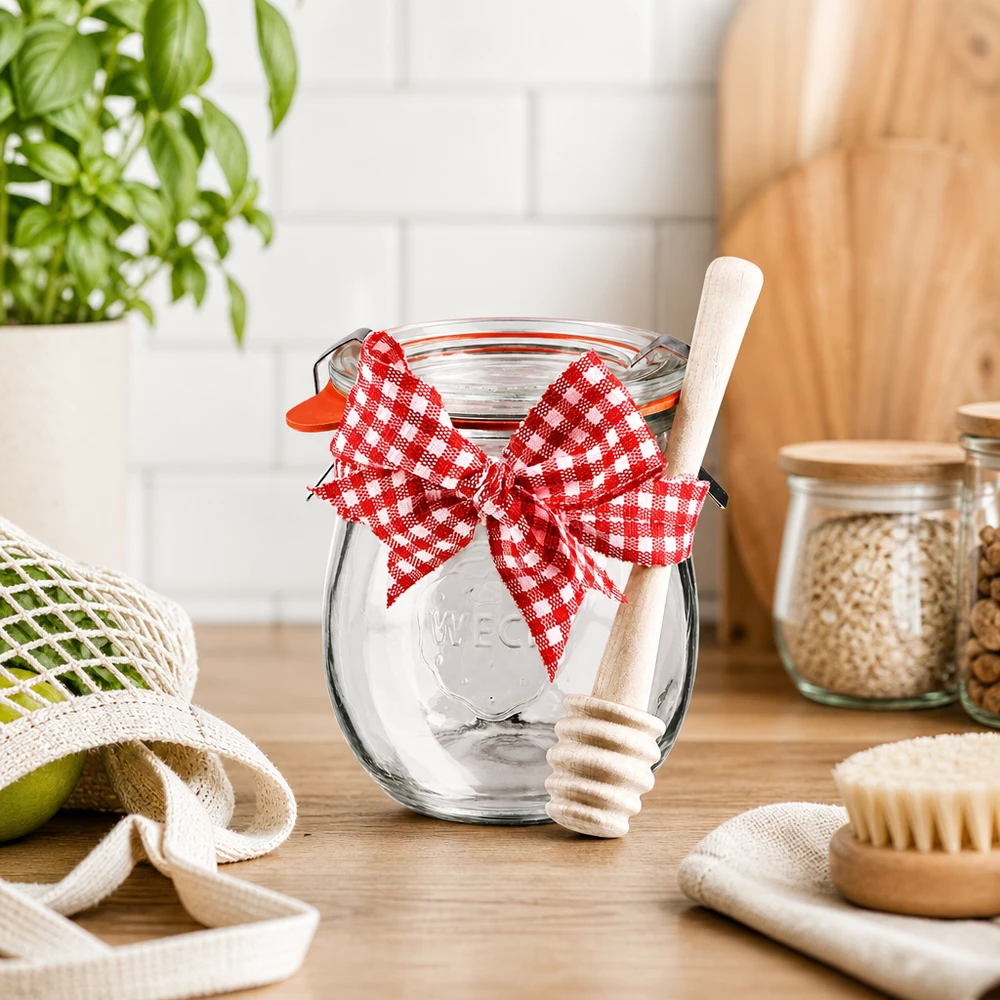 WECK Mini-pot tulipe 220ml en cuisine durable avec cuillère à miel en bois, ruban rouge et blanc et accessoires écologiques