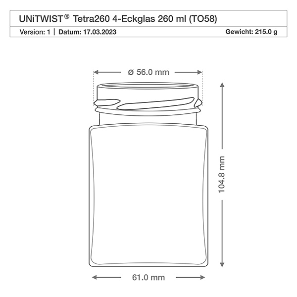 UNiTWIST Tetra260 verre à 4 coins 260ml TO58 dessin technique avec dimensions 56mm diamètre 104,8mm hauteur poids 215g