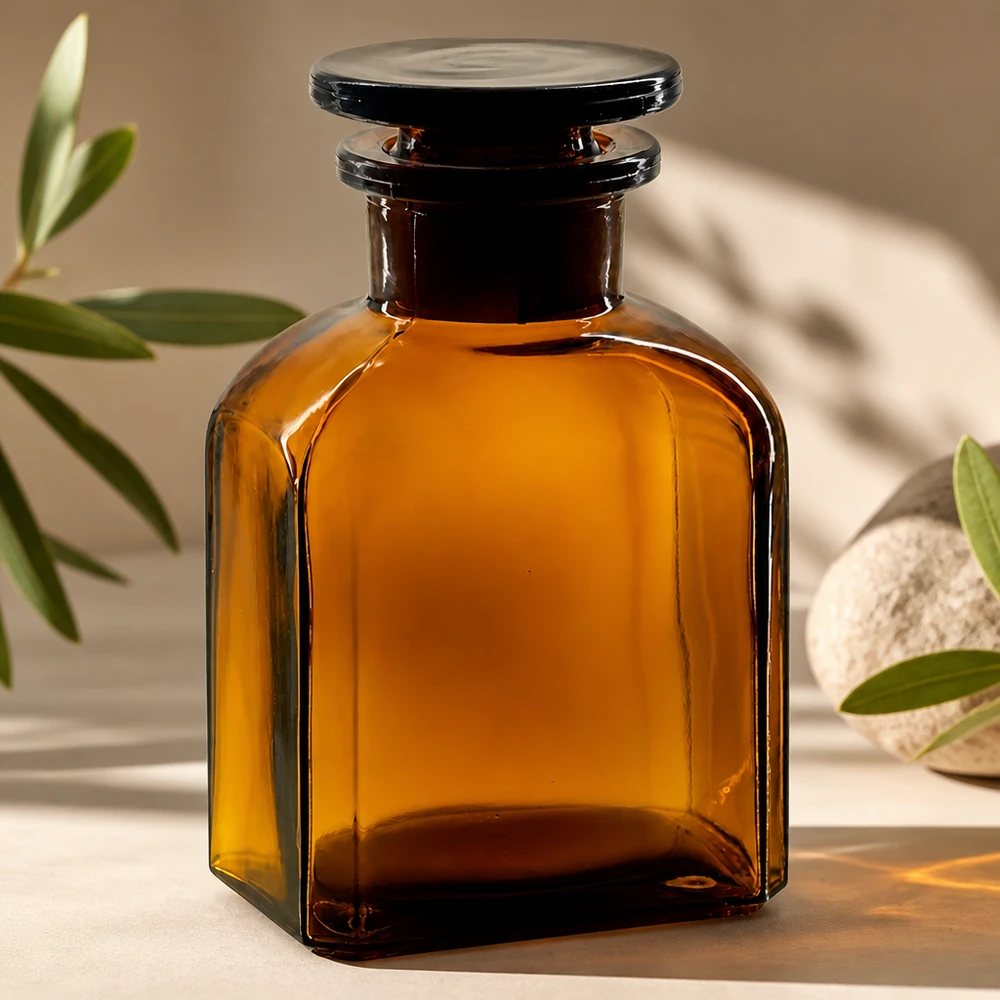 Flacon opacifiante de 150 ml, de forme carrée, à large ouverture et muni d'un bouchon, en verre brun, destiné aux produits chimiques de laboratoire