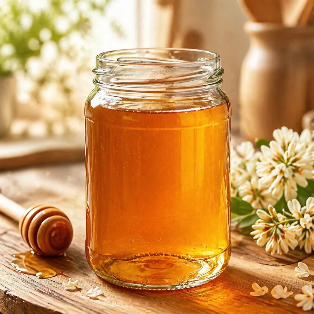 UNiTWIST Runda305 Verre rond 305ml TO63 rempli de miel sur une table en bois à côté d'une cuillère à miel et de fleurs blanches