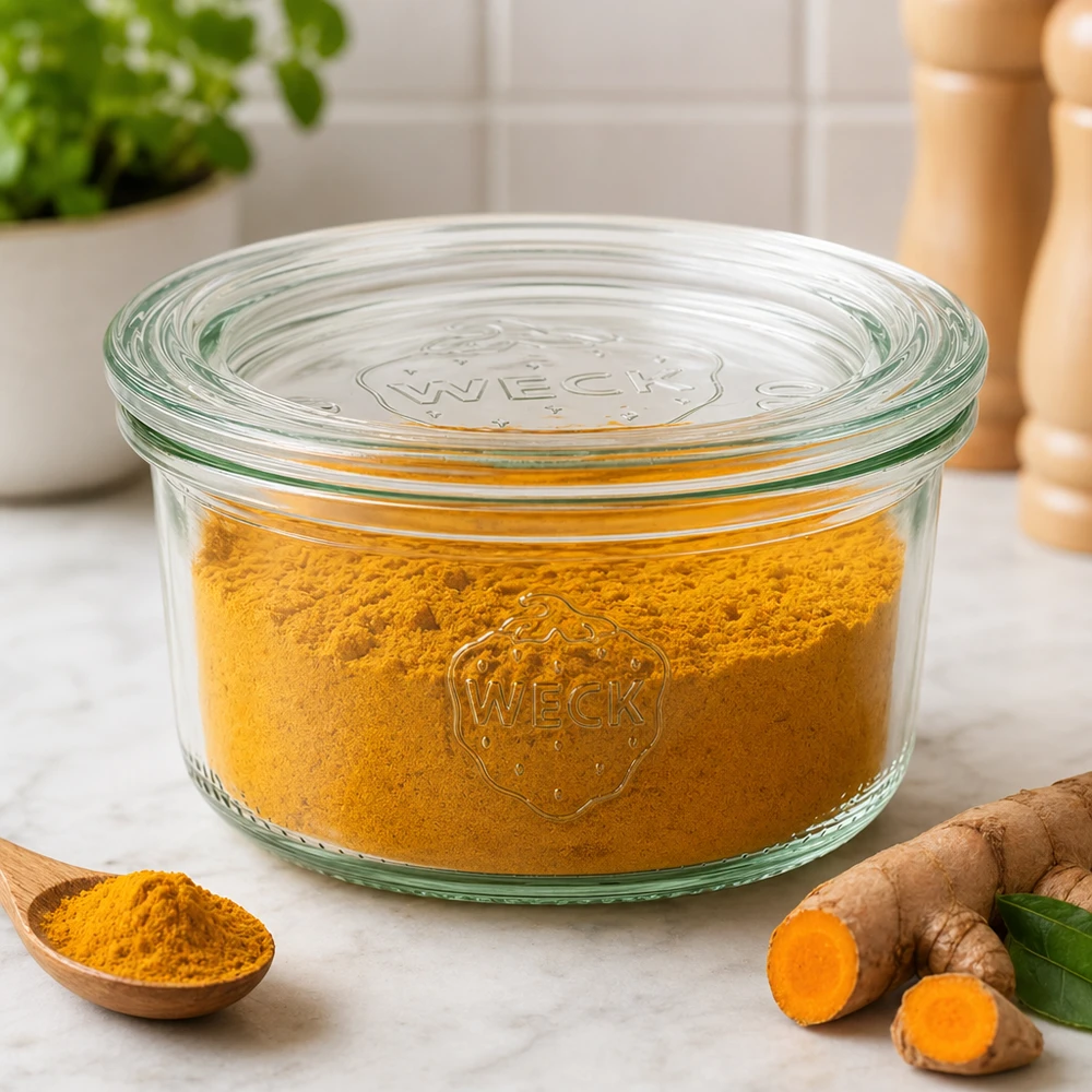 WECK Pot renversé 165ml RR80 rempli de poudre de curcuma à côté de racines de curcuma fraîches pour la conservation des épices