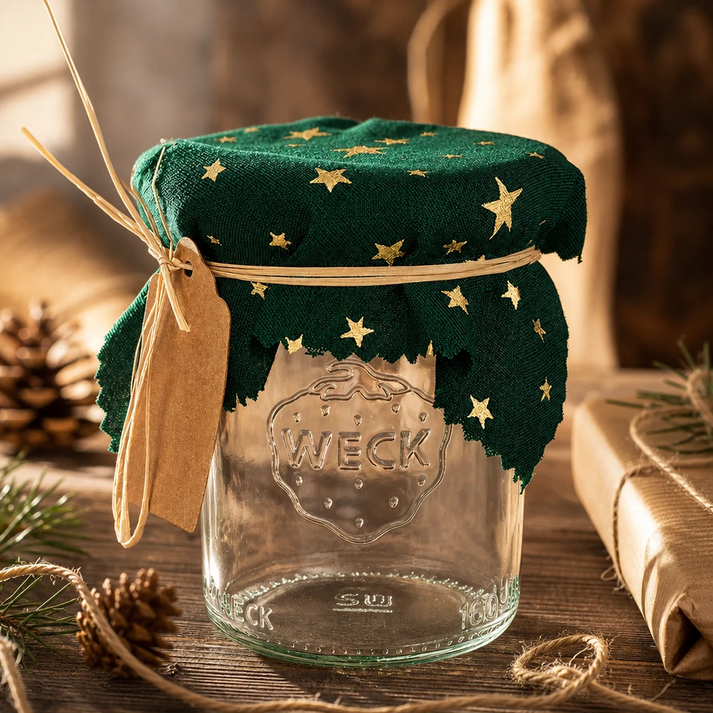 Couvercle en tissu étoiles vertes 120x120mm carré Décoration de Noël avec étoile verte 12cm carrée sur bocal entre pommes de pin et cadeaux
