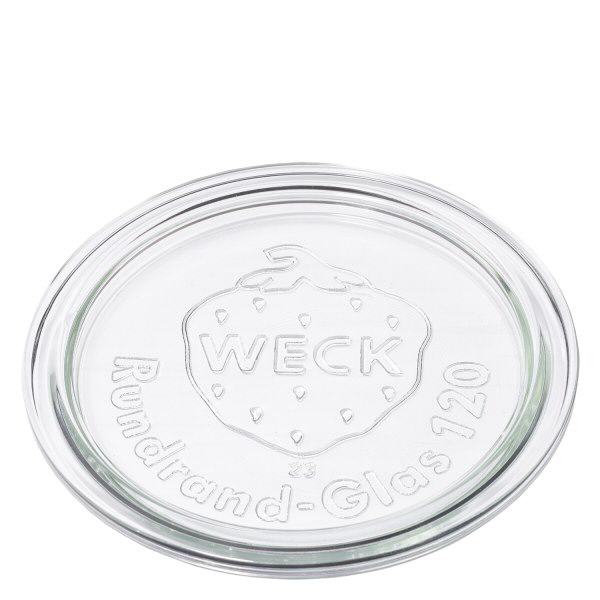 WECK Couvercle en verre RR120 en verre transparent avec le logo WECK en relief et l'inscription verre à bord rond 120