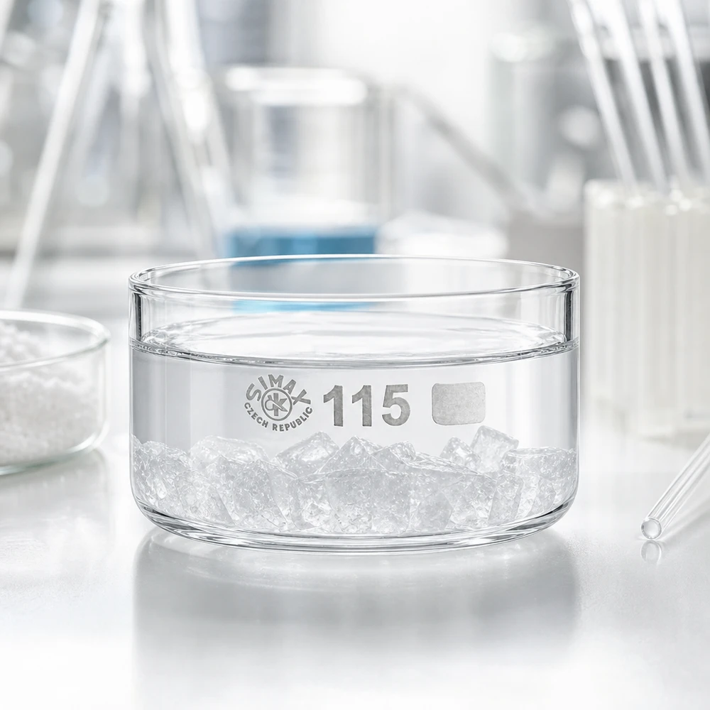 Cuve de cristallisation SIMAX de 500 ml en verre borosilicaté, remplie de glaçons au laboratoire