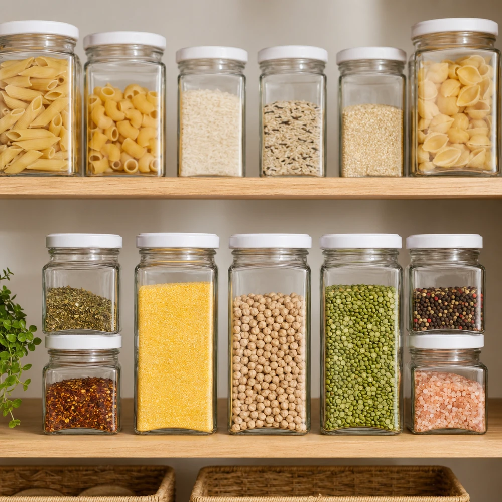 Tétra-bocaux de 260ml avec couvercles blancs remplis de pâtes Riz Céréales et légumineuses en garde-manger organisé