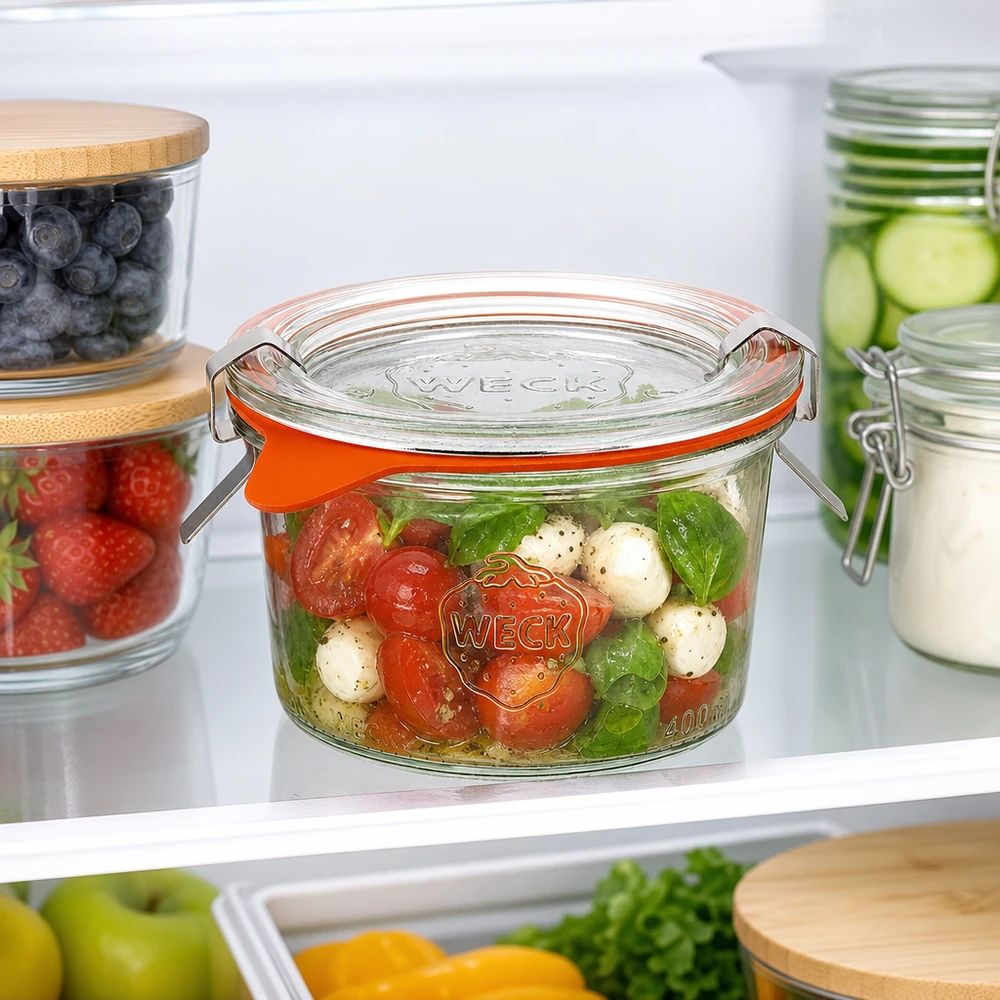 WECK Pot renversé 200ml RR80 dans le réfrigérateur rempli de salade Caprese à côté d'autres bocaux de stockage avec des baies