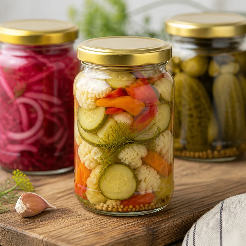 Bocal rond de 305ml UNiTWIST avec légumes marinés - bocal avec couvercle doré pour pickles et conserves