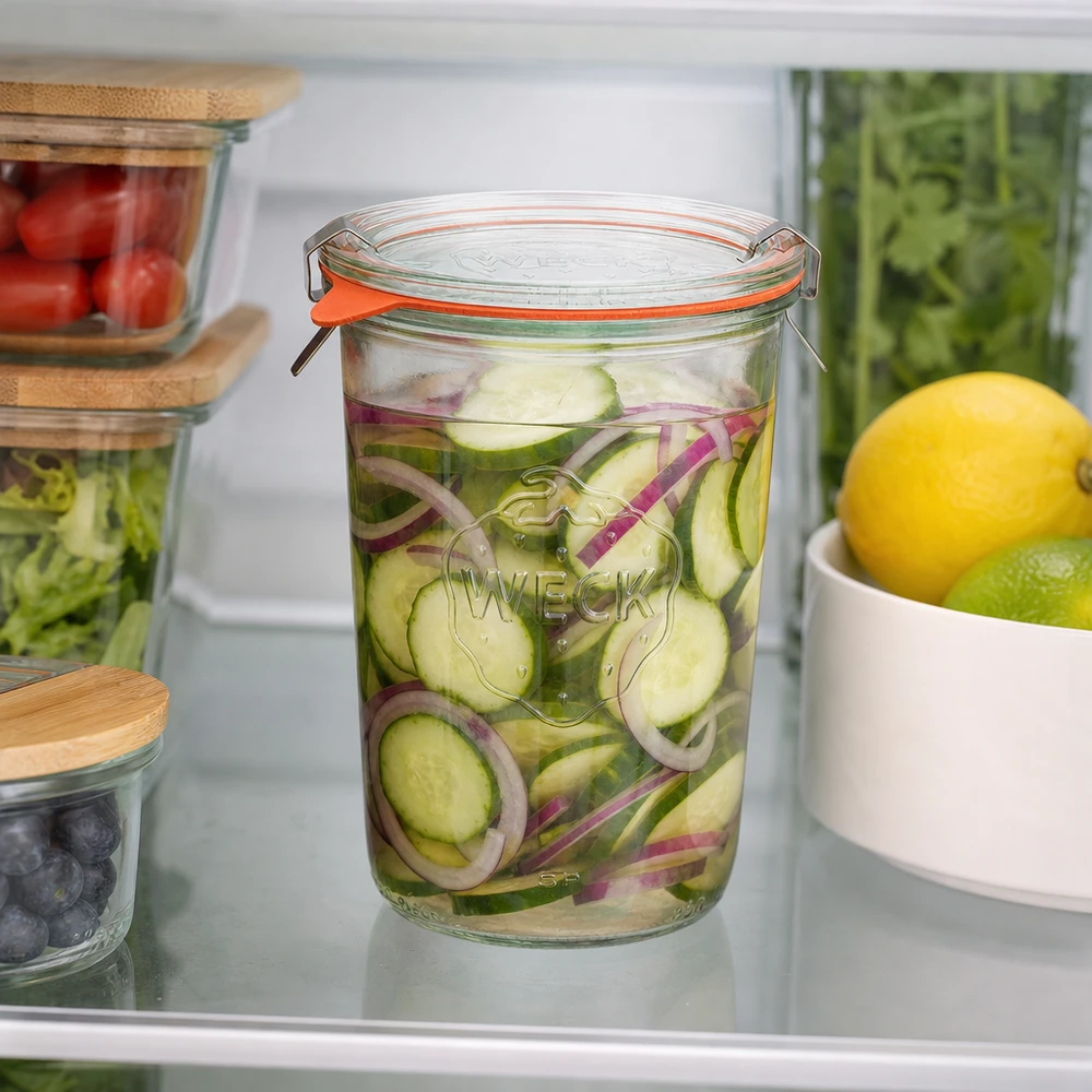 850ml bocal conique complet WECK RR100 WECK RR100 Pot renversé 850ml dans le réfrigérateur avec cornichons et oignons marinés pour une conservation optimale des aliments