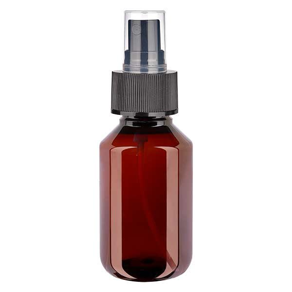 Flacon médical de 100 ml en PET, avec spray noir GCMI 28/410 et capuchon transparent standard Flacon médical de 100 ml en PET, avec spray noir GCMI 28/410 et capuchon transparent standard