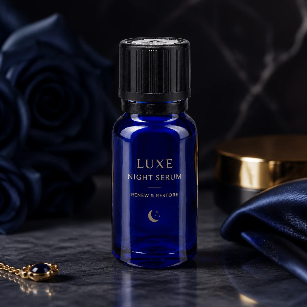 Flacon de pharmacie bleu 10ml bouchon inviolable blanc 1mm,séc. enf. bouchon inviolabilité Sérum de nuit Luxe présenté dans un flacon de pharmacie bleu cobalt de 10 ml muni d'un bouchon compte-gouttes noir, dans une ambiance nocturne