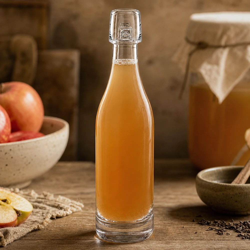 Bouteille en verre de 50 ml UNiTWIST remplie de liqueur de pomme entre des tranches de pomme et des épices sur du bois naturel