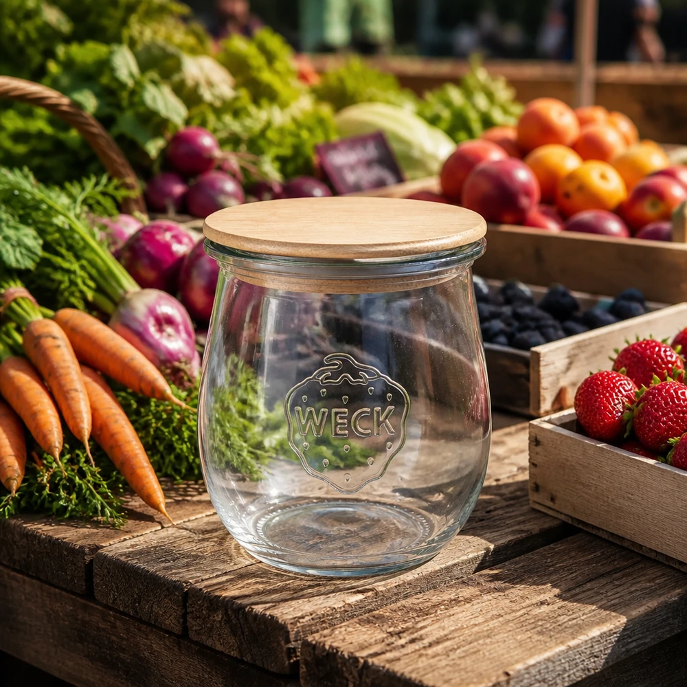 220ml bocal tulipe WECK RR60 avec couvercle en bois WECK Pot tulipe 220ml RR60 avec couvercle en bambou sur planche en bois entre les légumes et fruits frais du marché - Stockage durable