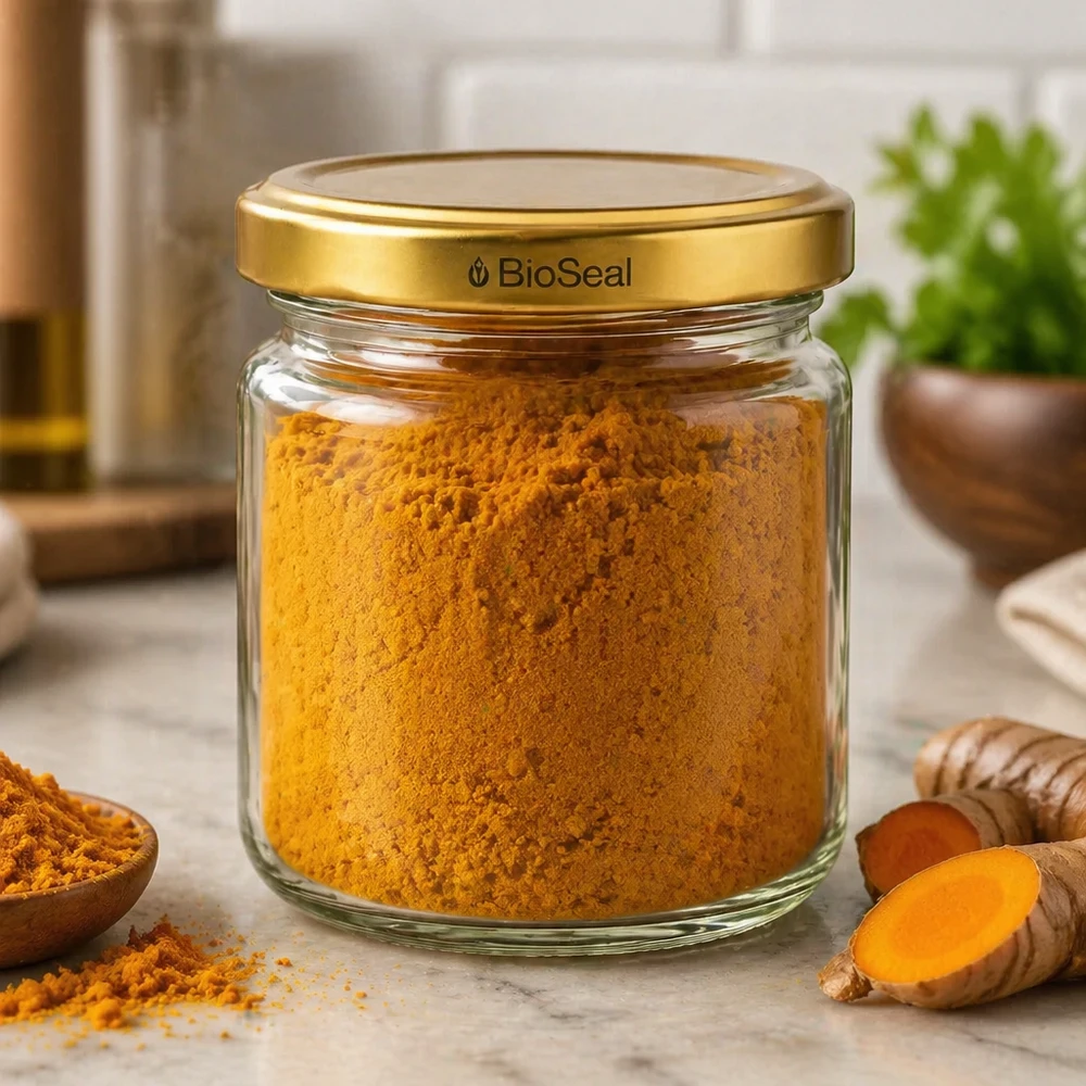 UNiTWIST Runda53 pot rempli de poudre de curcuma et TO43 BioSeal couvercle doré dans cuisine avec curcuma frais