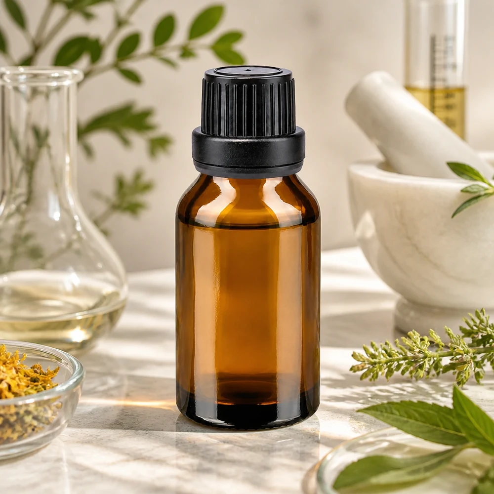 Flacon de pharmacie marron de 15 ml avec bouchon à vis noir, posé parmi des herbes fraîches et un mortier
