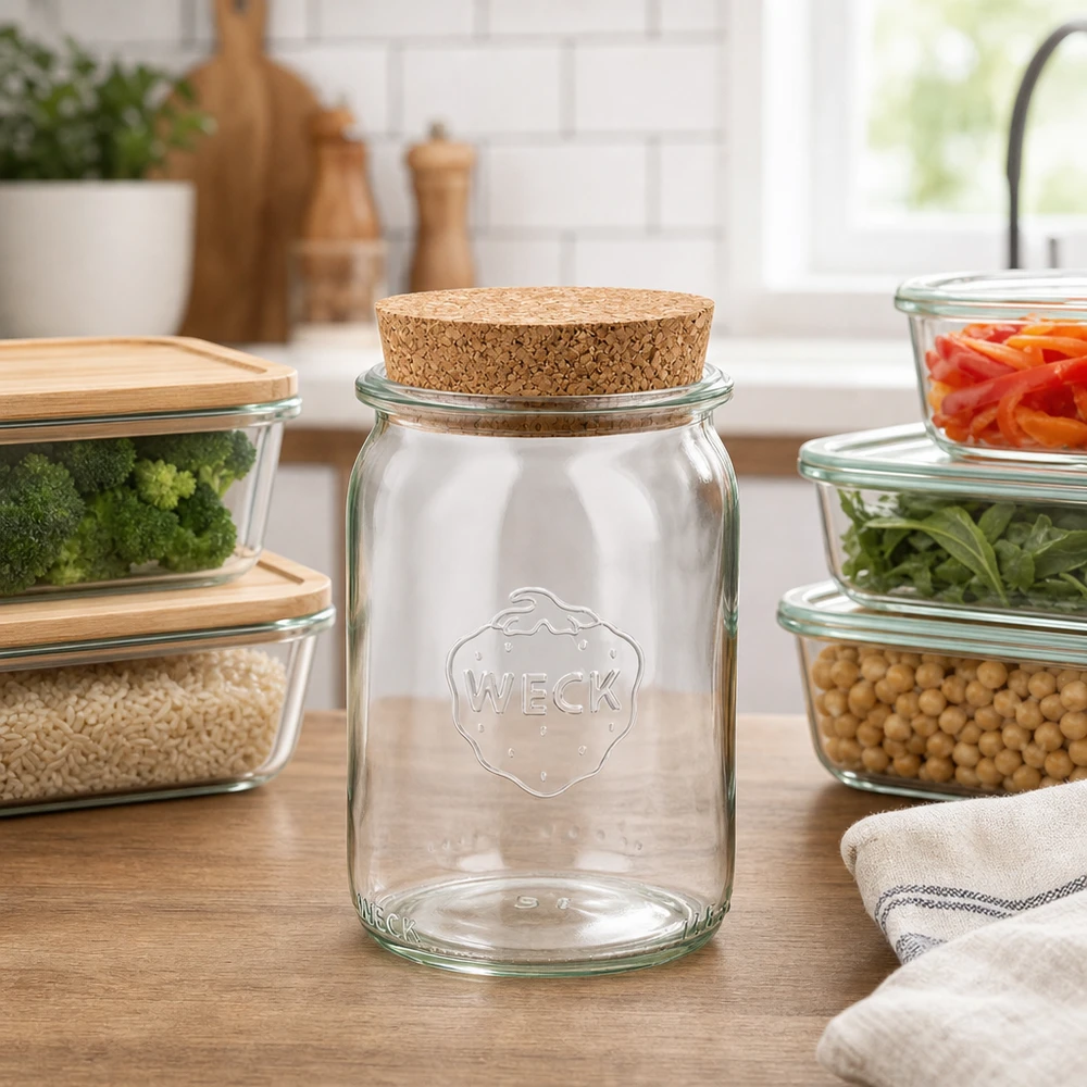 WECK 145ml pot cylindrique RR40 avec couvercle en liège dans une cuisine moderne entouré de récipients en verre avec des légumes et des légumineuses