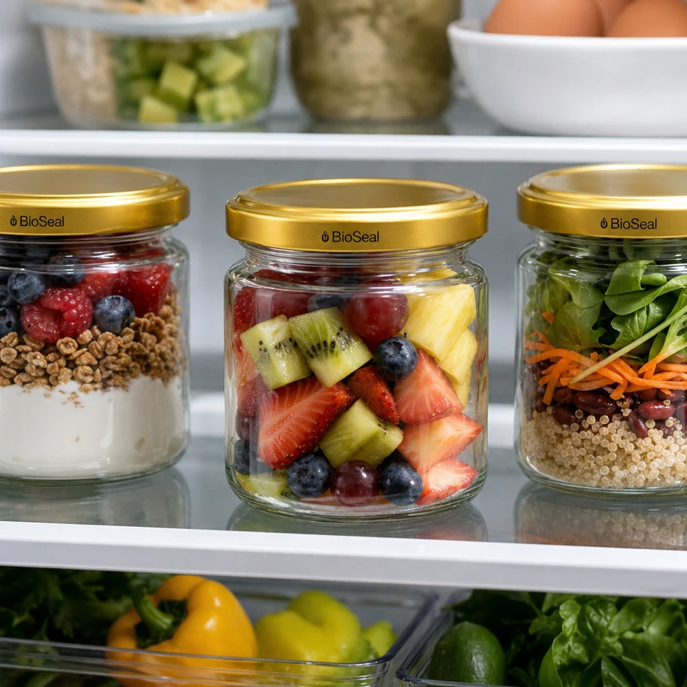 UNiTWIST Runda53 Pots avec couvercle TO43 BioSeal doré dans le réfrigérateur pour Meal Prep avec fruits et salade