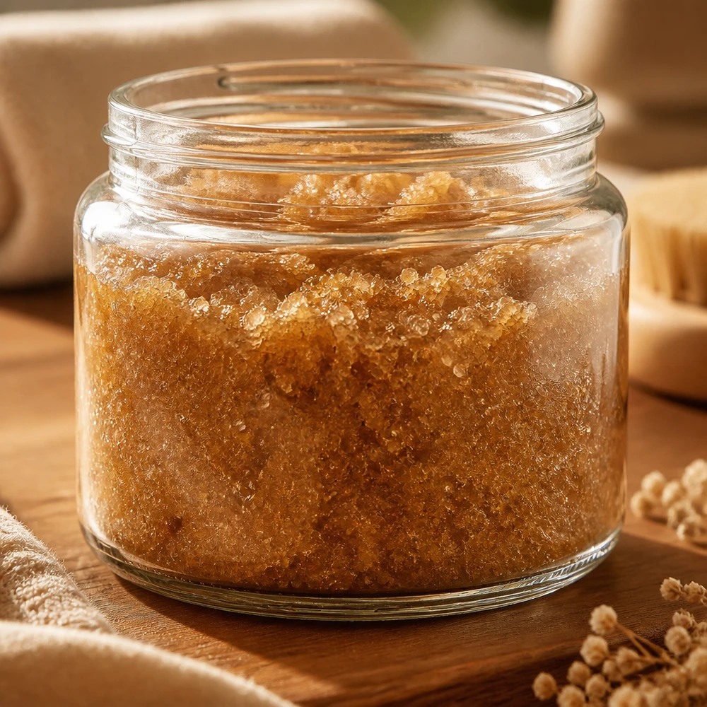 Pot à pommade 250ml clair rempli de gommage brun doré sur fond bois application cosmétique naturelle