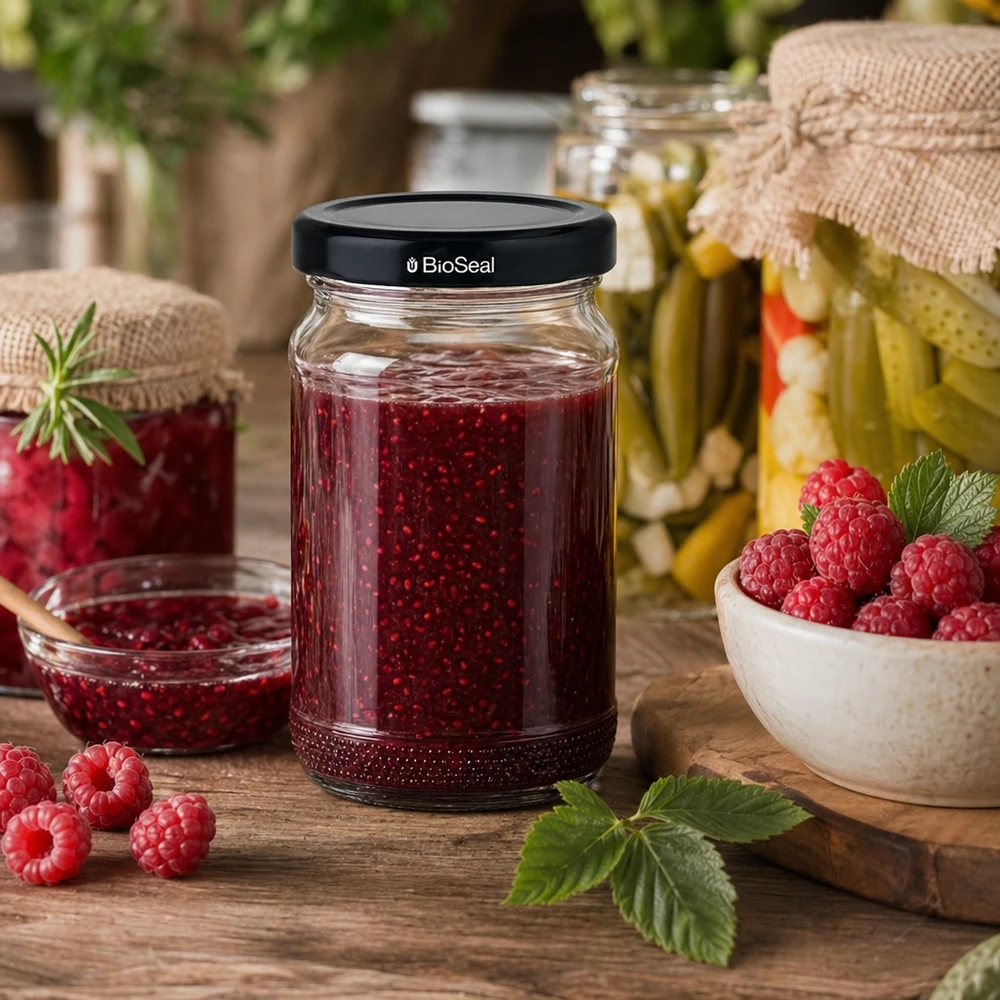 UNiTWIST Runda110 avec gelée de framboise et couvercle noir TO48 BioSeal sur une table rustique en bois avec des framboises fraîches