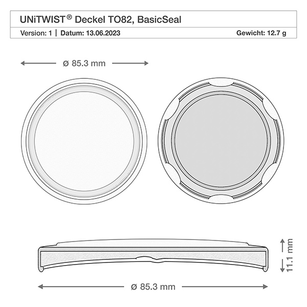 Dessin technique du couvercle blanc BioSeal T082 avec les dimensions 85,3mm de diamètre et 11,1mm de hauteur