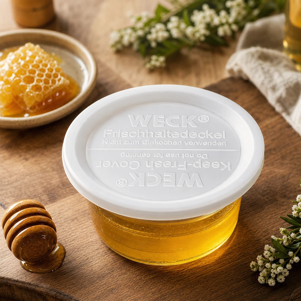 WECK Couvercle fraîcheur RR120 avec miel et nid d'abeille sur planche en bois conservation naturelle des aliments