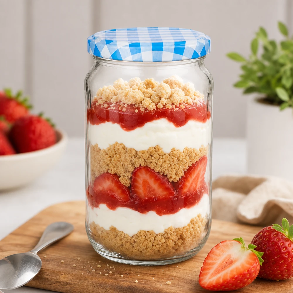 1062ml Verre rond avec couvercle BasicSeal bleu/blanc UNiTWIST Verre rond de 1062ml comme verre à dessert avec stratification de fraises et de crème, BasicSeal couvercle bleu-blanc à carreaux