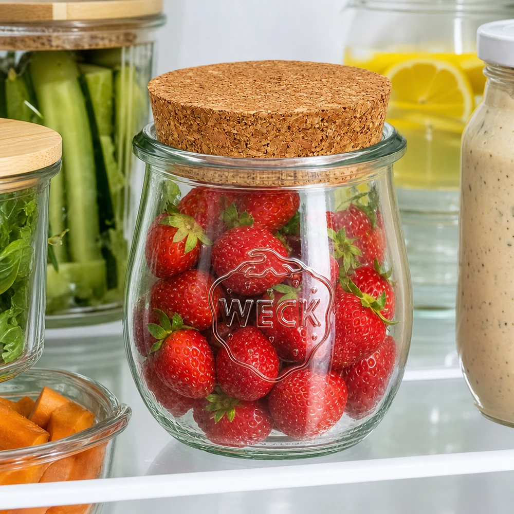 220ml bocal tulipe WECK RR60 avec bouchon nature WECK Pot tulipe 220ml avec couvercle en liège pour conserver les fraises fraîches au réfrigérateur parmi d'autres bocaux de stockage