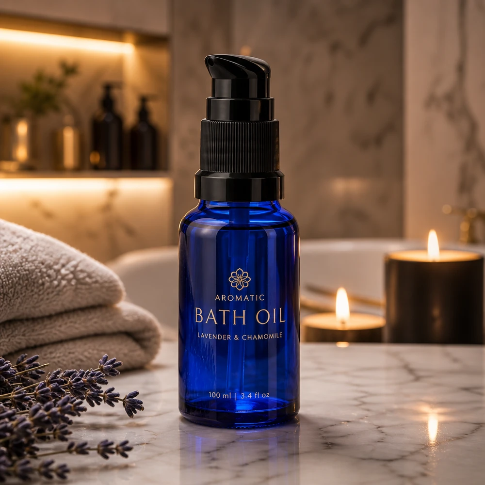 Flacon pompe en verre de pharmacie bleu de 10 ml avec distributeur noir, dans une salle de bains élégante