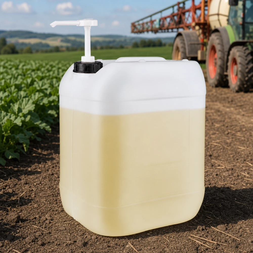 Bidon agricole de 20 litres muni d'une pompe doseuse, posé dans un champ devant un tracteur équipé d'un pulvérisateur agricole