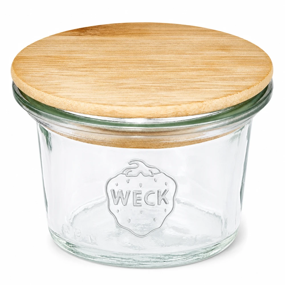 Mini bocal en verre renversé de 35 ml WECK RR40 avec couvercle en bois WECK Pot renversé 35ml RR40 avec couvercle en bois de bambou Mini bocal transparent avec logo WECK