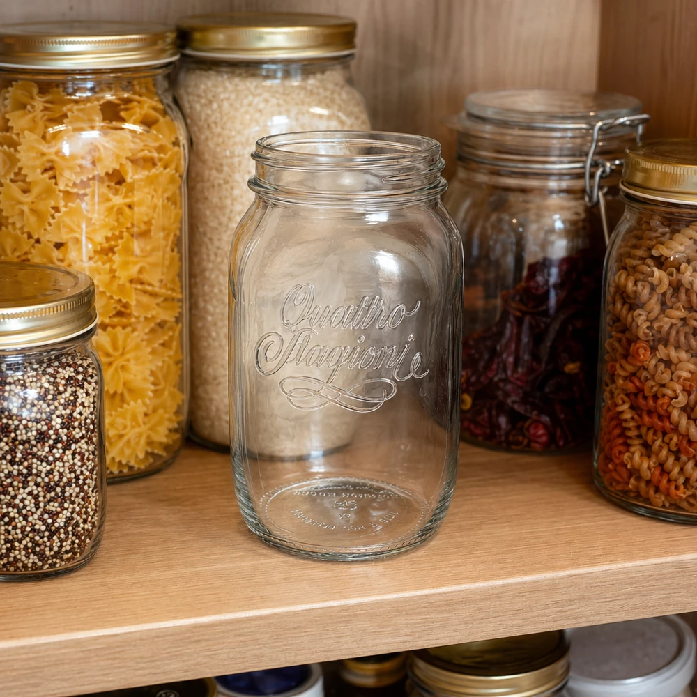 1000ml Quattro Stagioni Verre de ménage vide devant des bocaux de stockage remplis de pâtes et de céréales dans l'armoire de cuisine