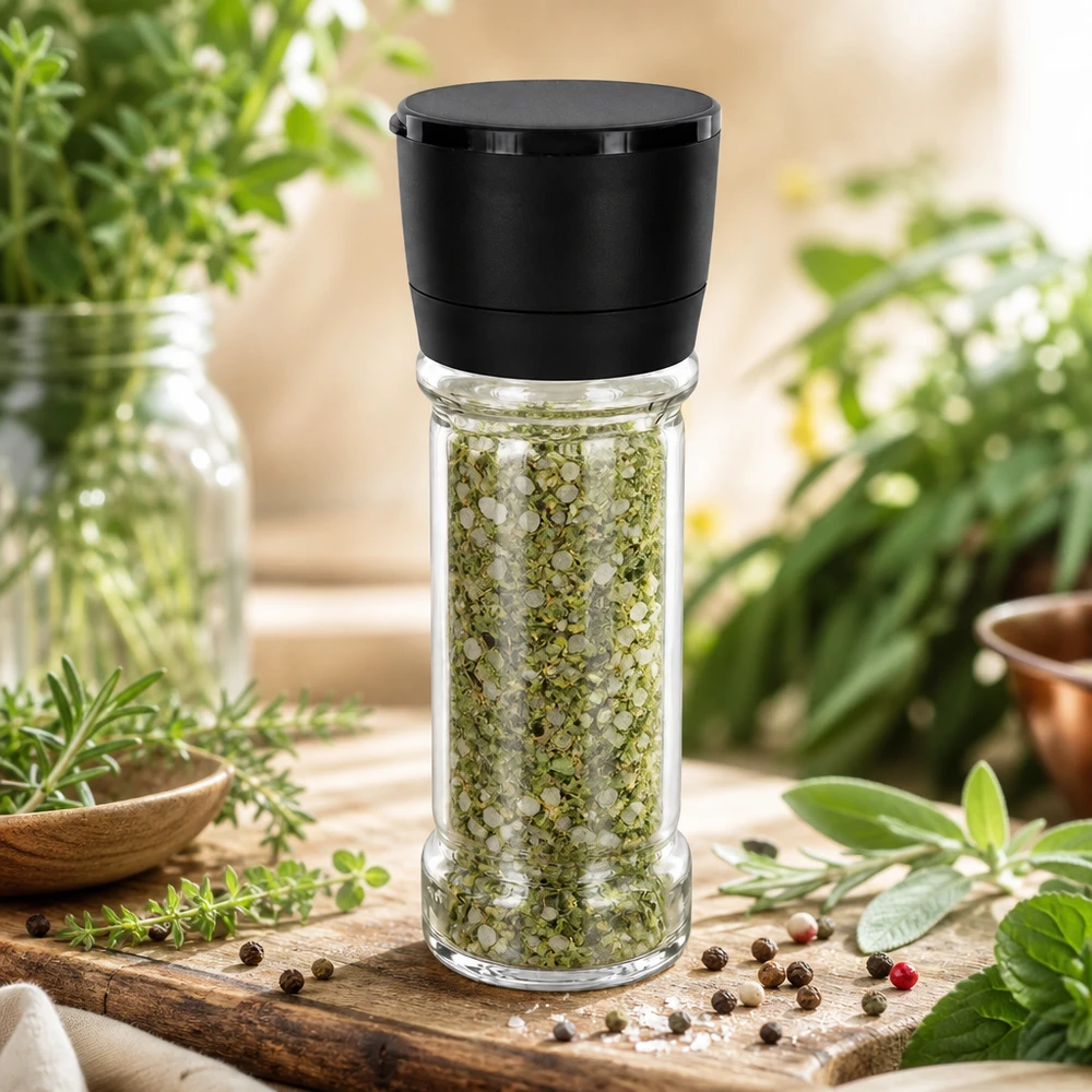 Pot à sel aux herbes de 100 ml avec moulin Vario noir, rempli d'herbes vertes, sur une planche en bois