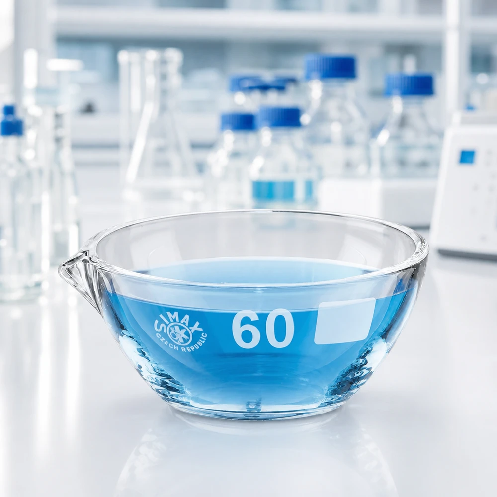 Capsule d’évaporation 45 ml en verre borosilicate, avec bec verseur Bol d'évaporation polyvalent de 45 ml en borosilicate avec bec verseur ø60mm pour l'évaporation et la cristallisation