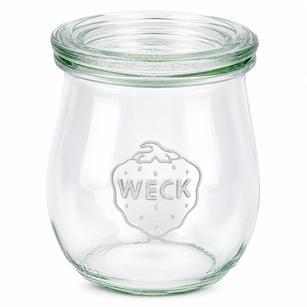 Bocal en forme de tulipe de 220 ml avec couvercle en verre WECK RR60 WECK Pot tulipe 220ml avec couvercle en verre RR60 Pot de conservation transparent vide sur fond blanc
