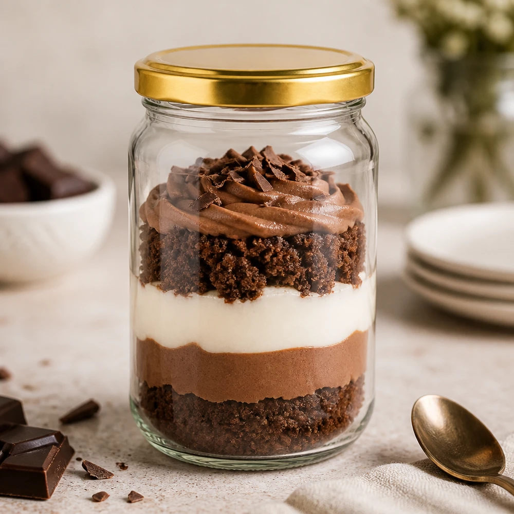 Verre rond BasicSeal UNiTWIST or de 305 ml rempli de dessert au chocolat - Verre à confiture pour desserts sucrés et trifle