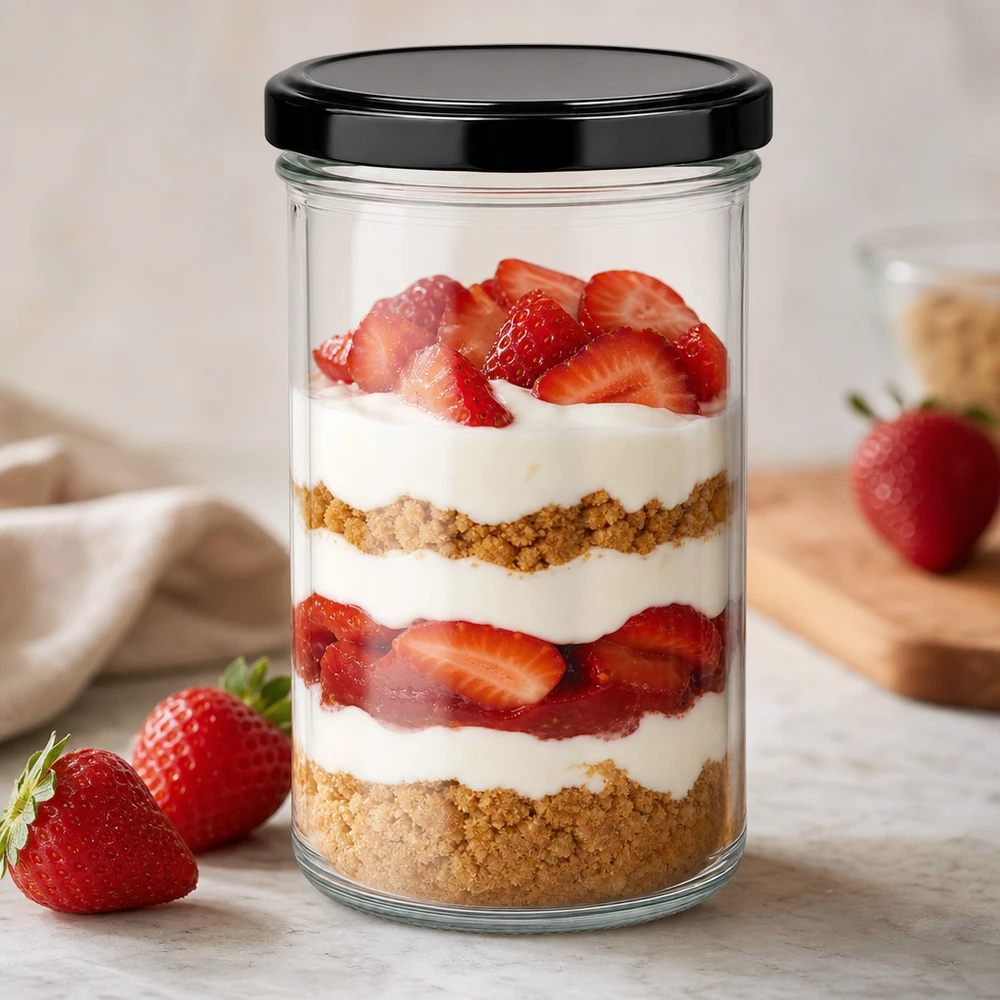 230ml Verre conique avec couvercle BasicSeal noir UNiTWIST Verre renversé de 277ml pour le tiramisu aux fraises avec couvercle BasicSeal noir Dessert en verre