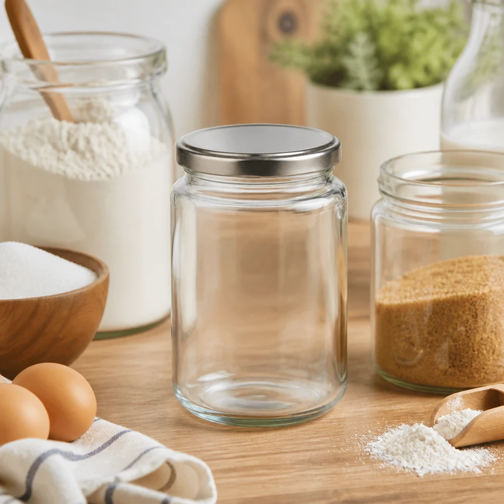382ml bocal rond avec couvercle BasicSeal argent vide dans scène de cuisine avec ingrédients farine oeufs bol en bois bocal à provisions