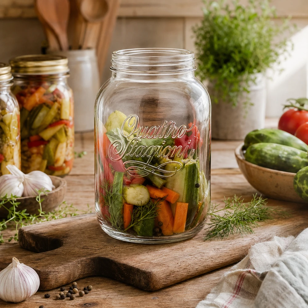 3000ml Verre rond "Quattro Stagioni" QS110mm Quattro Stagioni 3000ml Bocal de légumes marinés sur planche en bois dans une cuisine rustique
