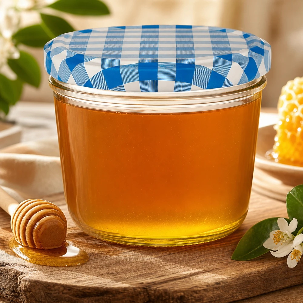Pot de conservation de 230 ml avec couvercle bleu et blanc rempli de miel à côté d'une cuillère à miel et de fleurs sur une table en bois
