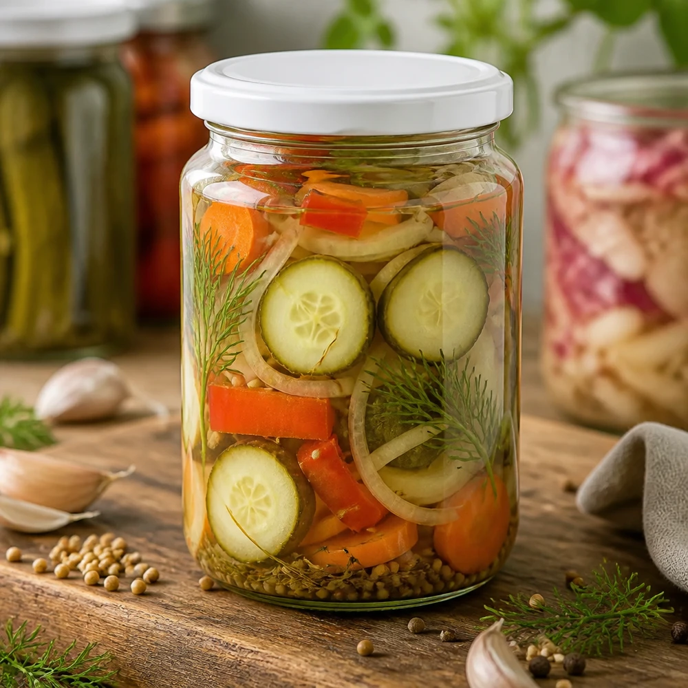 795ml Rundglas gefüllt mit eingelegtem Gemüse zeigt praktische Verwendung für Konservierung und Meal Prep