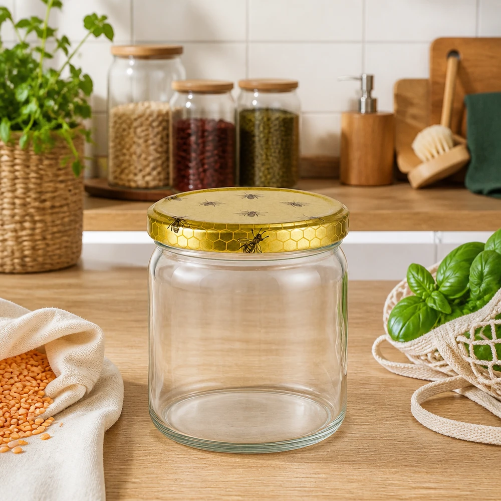 408ml Verre rond avec couvercle BasicSeal nid d'abeilles UNiTWIST Bocal rond vide de 408ml avec couvercle BasicSeal en nid d'abeille dans une cuisine durable avec des bocaux à provisions et des herbes aromatiques