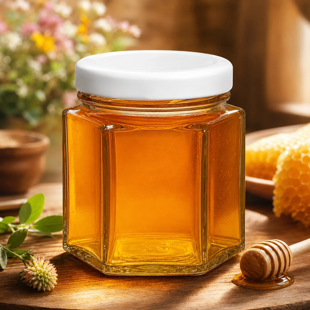 Bocal hexagonal de 47 ml avec couvercle BasicSeal rempli de miel à côté d'une cuillère à miel et d'un nid d'abeille sur une table en bois