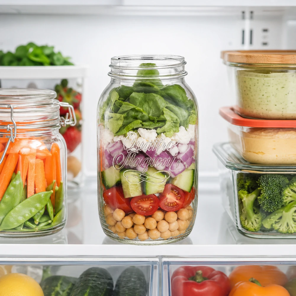 1500ml Quattro Stagioni bocal ménager rempli de salade en couches dans le réfrigérateur à côté d'autres bocaux de stockage avec des légumes