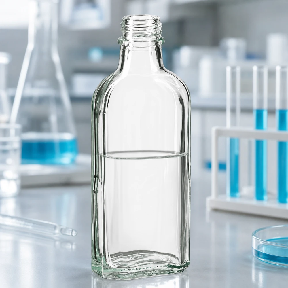 Flasque transparente de 100 ml au goulot DIN 22 Flacon Meplat transparent de 100 ml, rempli, avec filetage DIN 22, posé sur une paillasse blanche