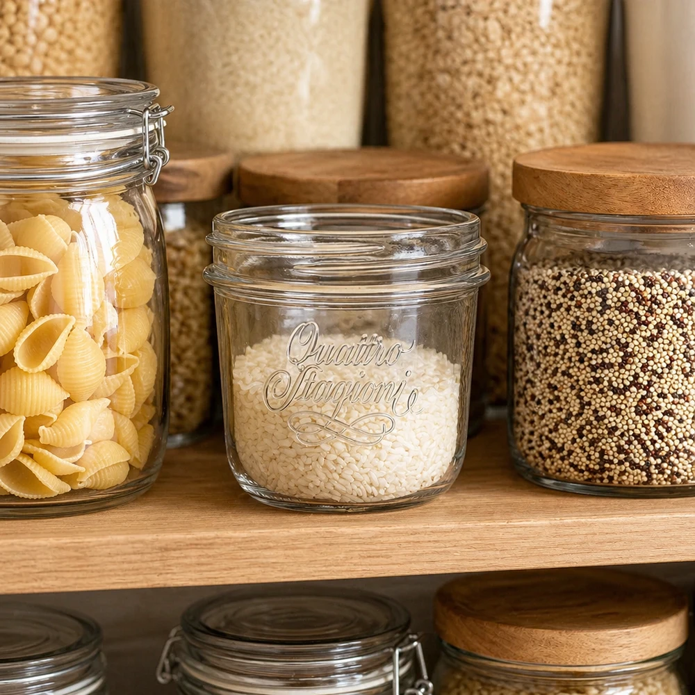 200ml Quattro Stagioni bocal à bijoux rempli de riz dans un garde-manger organisé avec d'autres bocaux de conservation
