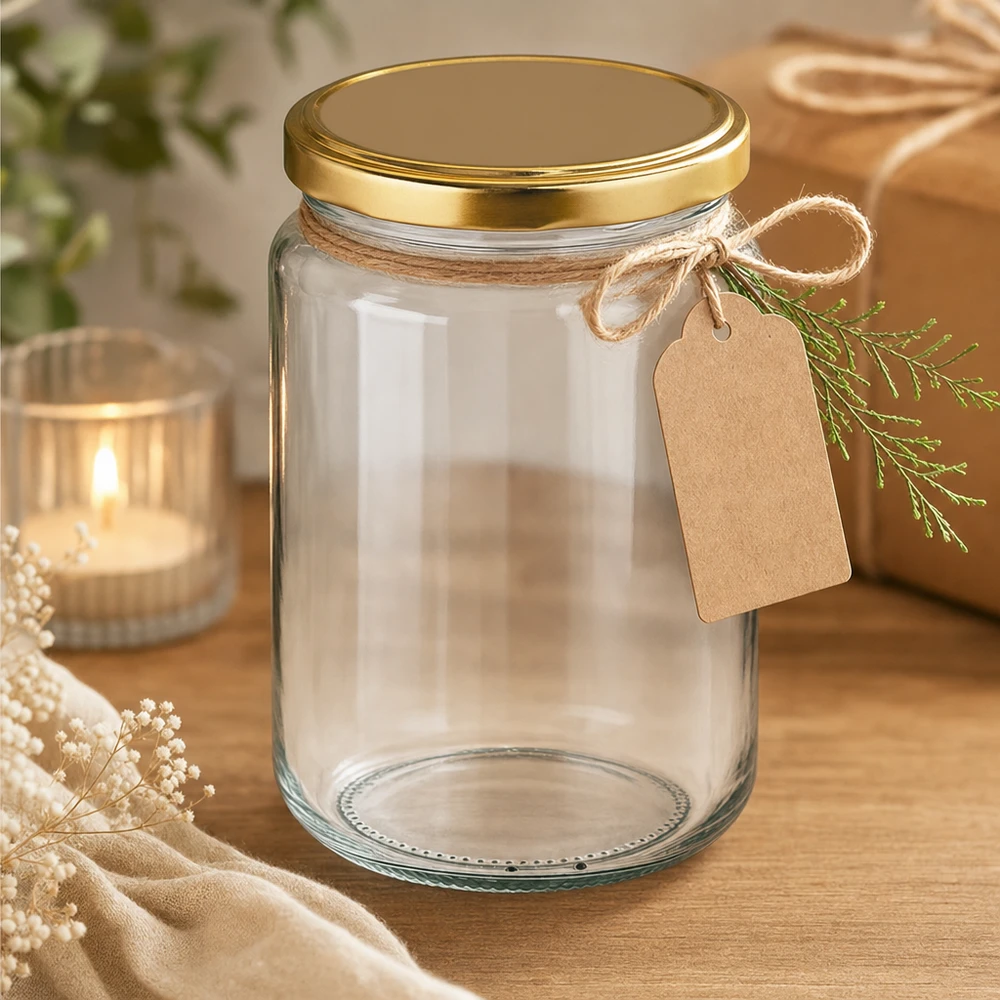 Verre rond de 382 ml avec couvercle doré UNiTWIST arrangé de manière décorative avec étiquette cadeau et ficelle de jute