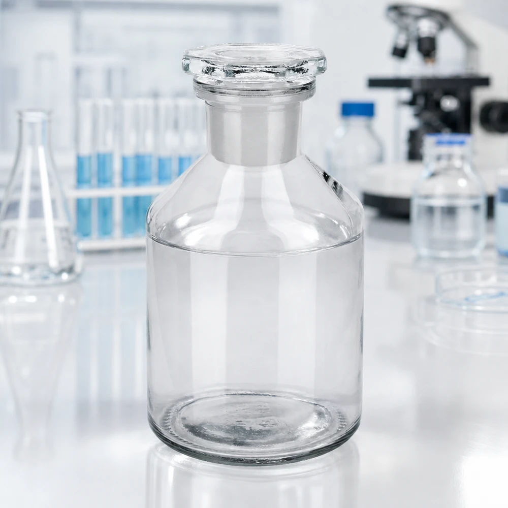 Flacon à col droit de 50 ml, transparent, posé sur une paillasse de laboratoire blanche, avec un microscope en arrière-plan