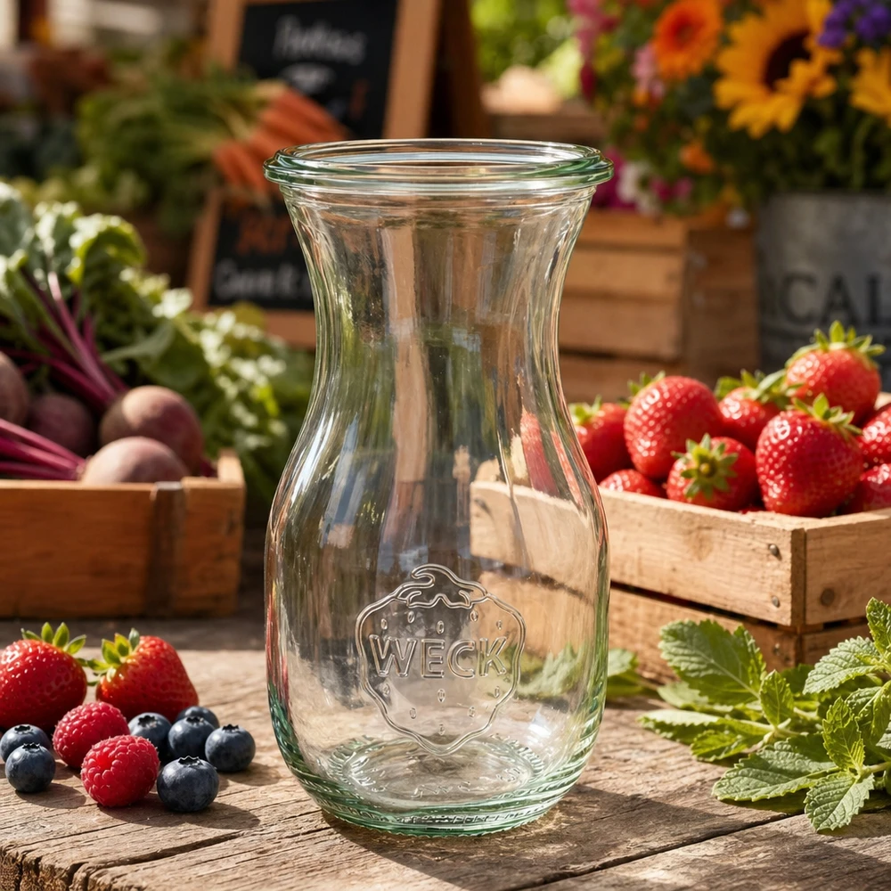WECK Bouteille de jus 290ml RR60 sur table en bois entourée de baies fraîches Fraises et herbes aromatiques dans le style marché fermier